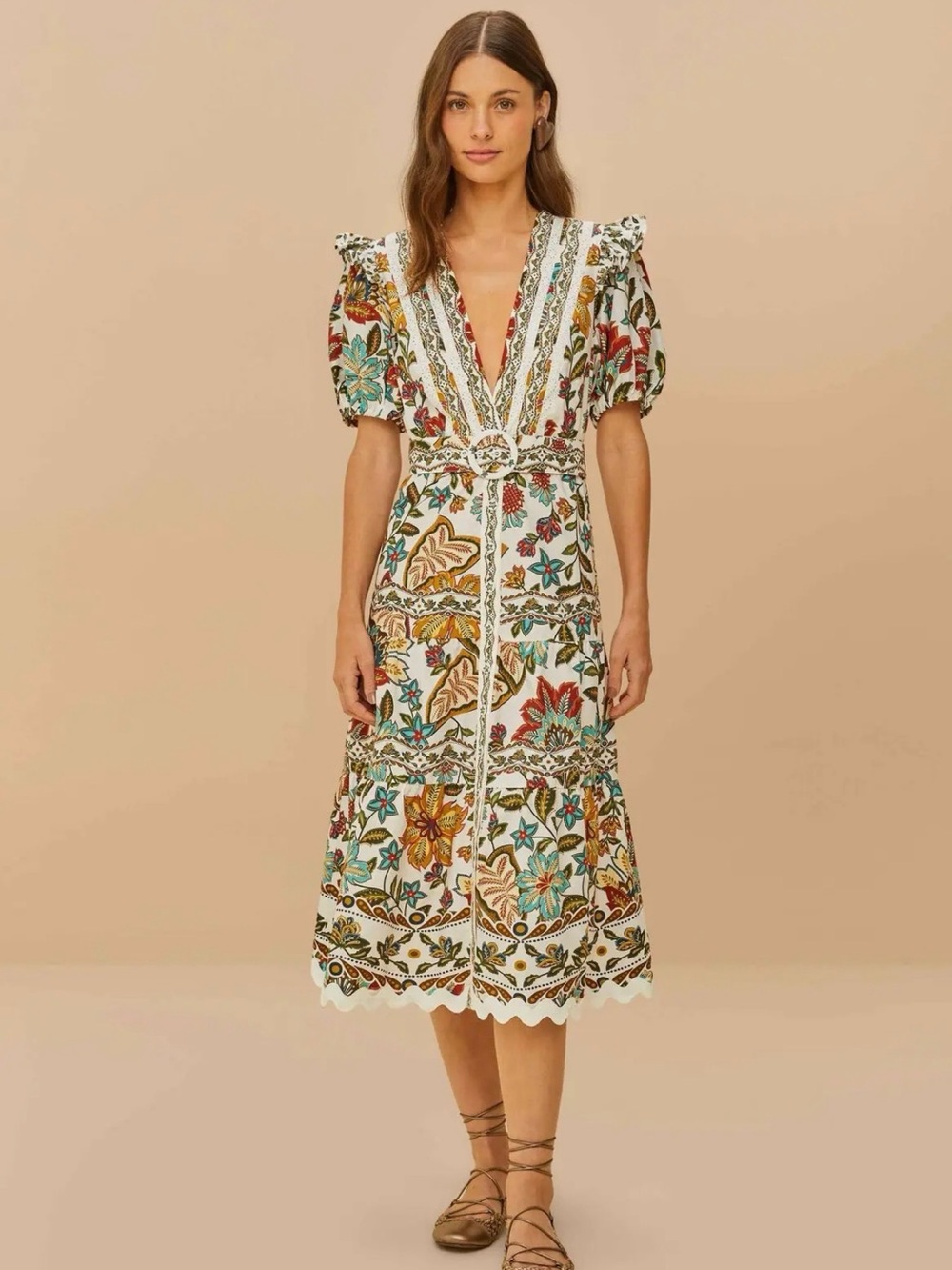 Farm Rio Embroidered Floral V-Neck Midi Dress in white